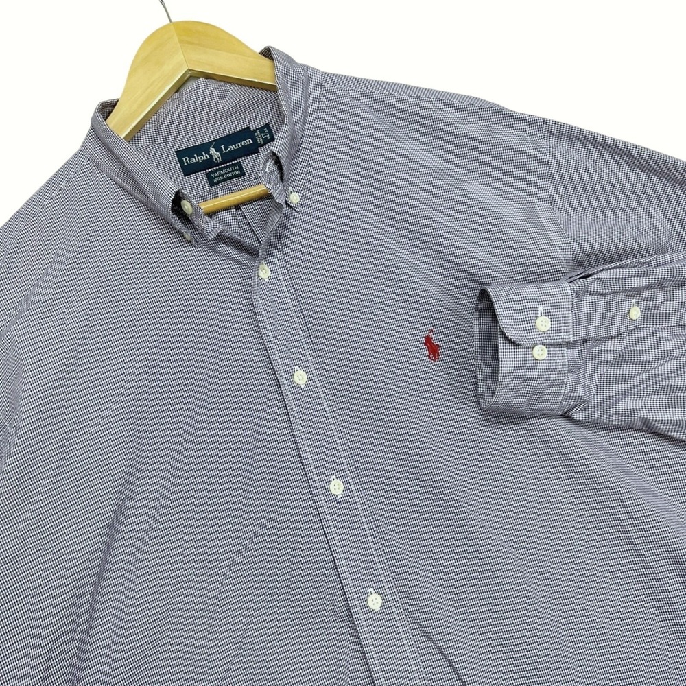 Vintage 90s Ralph Lauren Yarmouth Navy Gingham Cotton Button Down Shirt 17 34/35